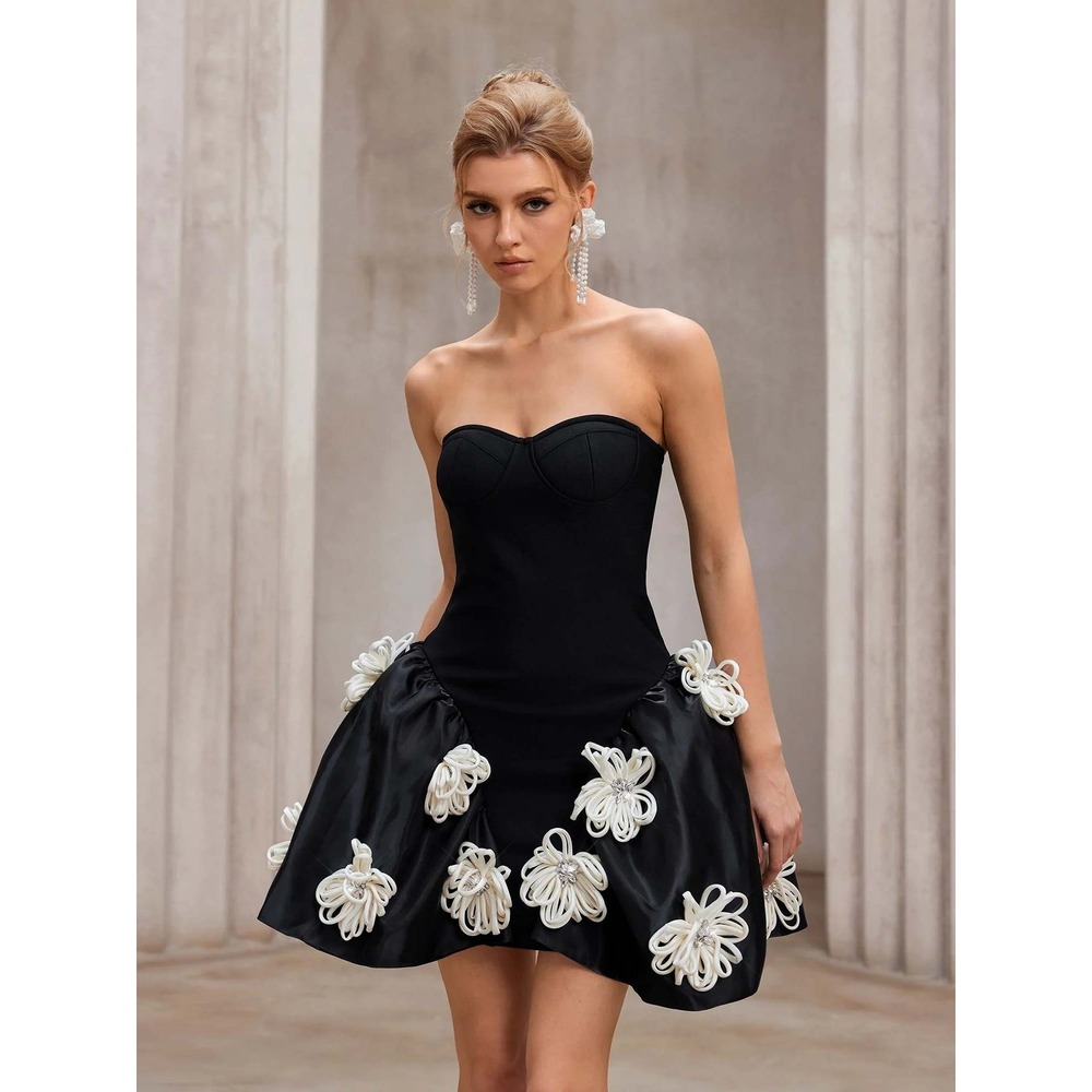 Camilla Blanco Black Strapless 3D Floral Applique Puff Mini Dress Womens Small